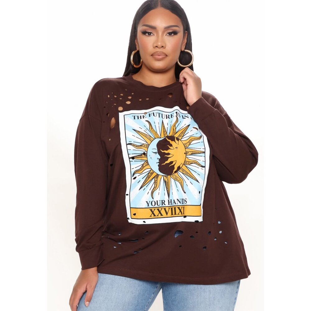Fashion Nova ✦ Future In Your Hands Tarot Top ✦ Brown Distressed Oversized Tunic - Picture 5 of 10